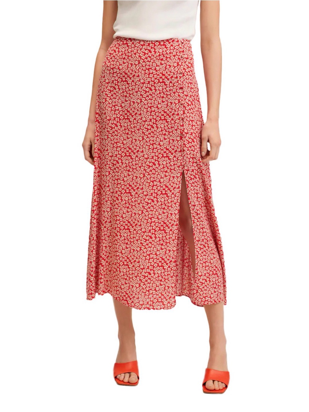 Mango Red Floral Midi Skirt with Button Detail & Slit Size M